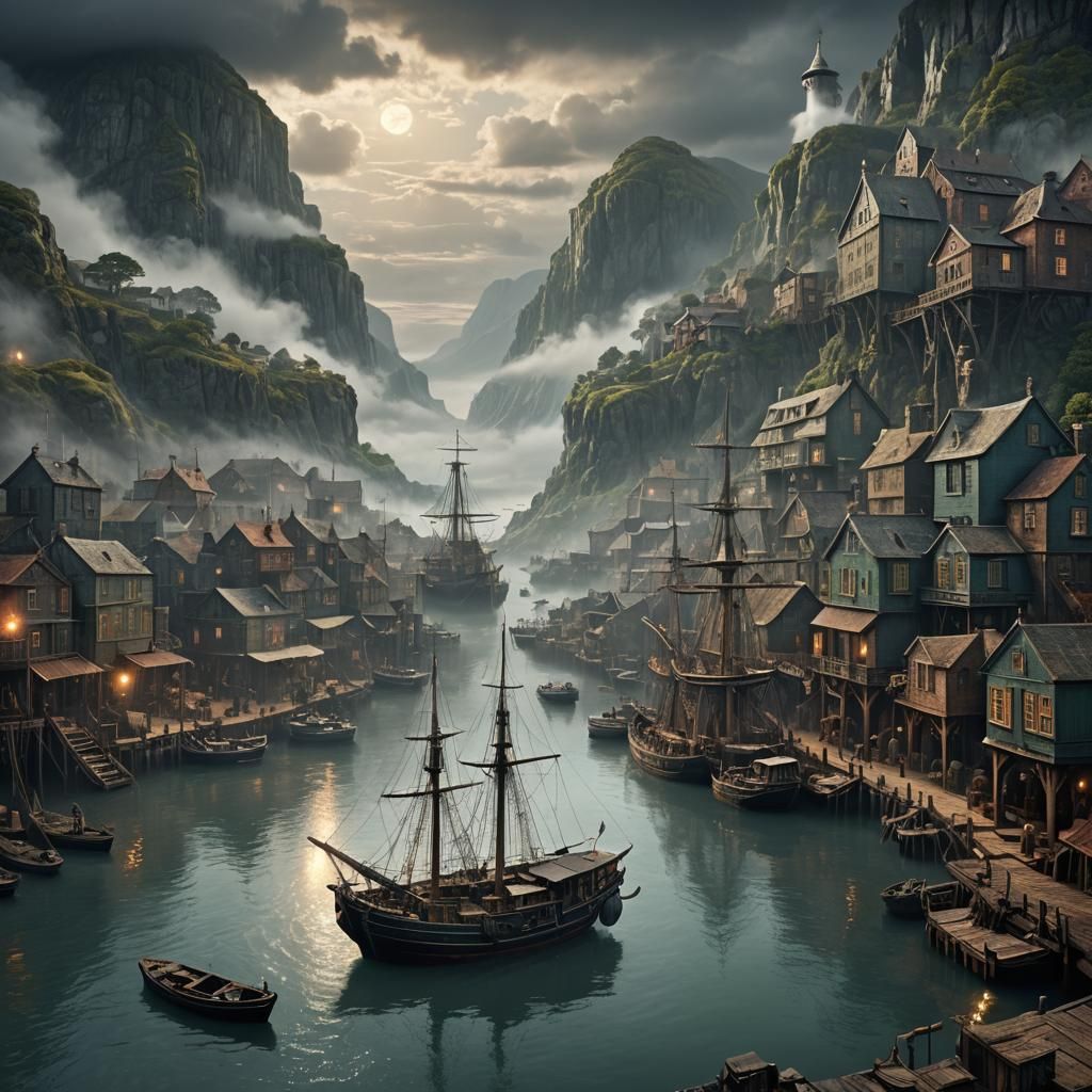 Misty Harbour: Dramatic Digital Matte Painting
