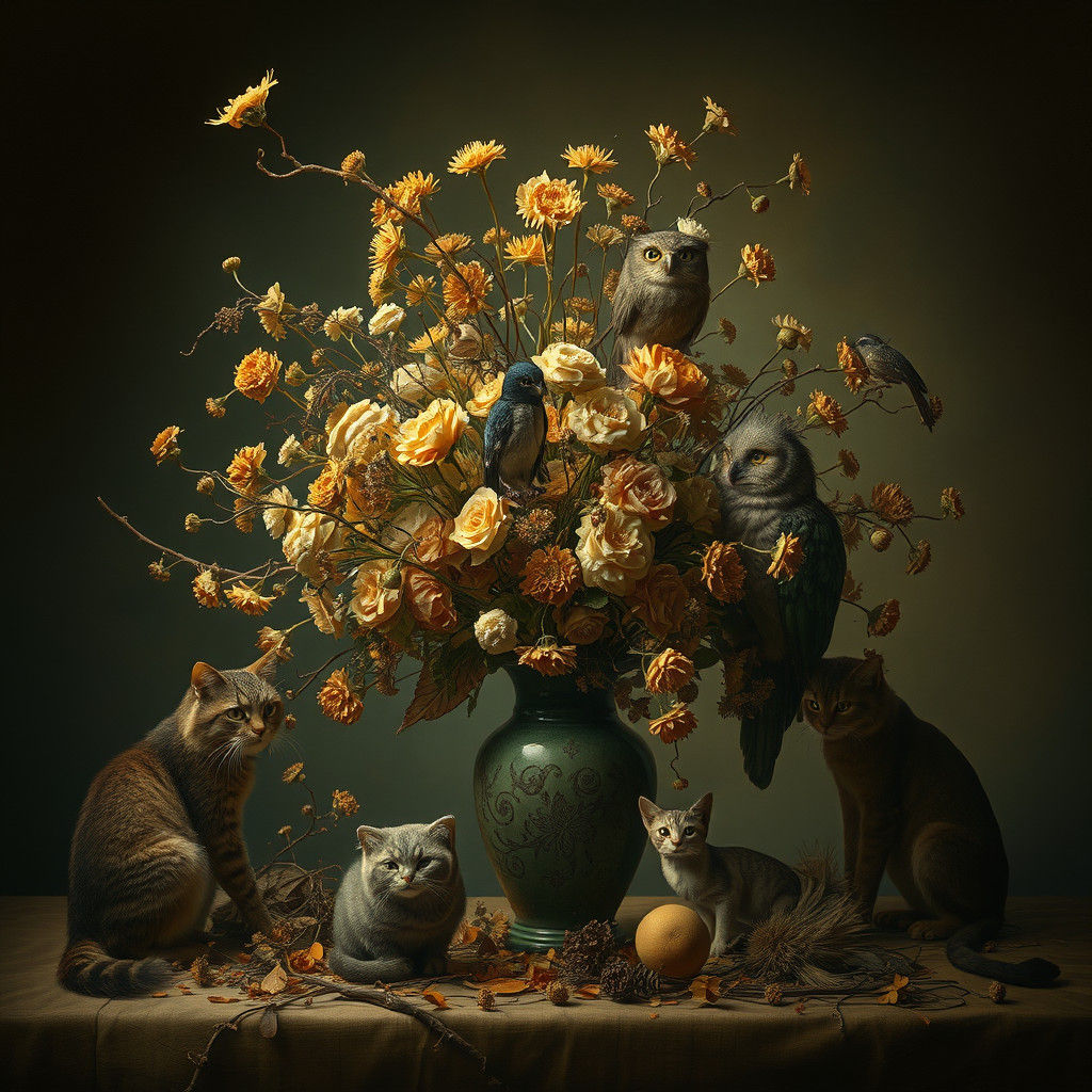 Rembrandt-Style Still Life with Flowers and Mystical Animals