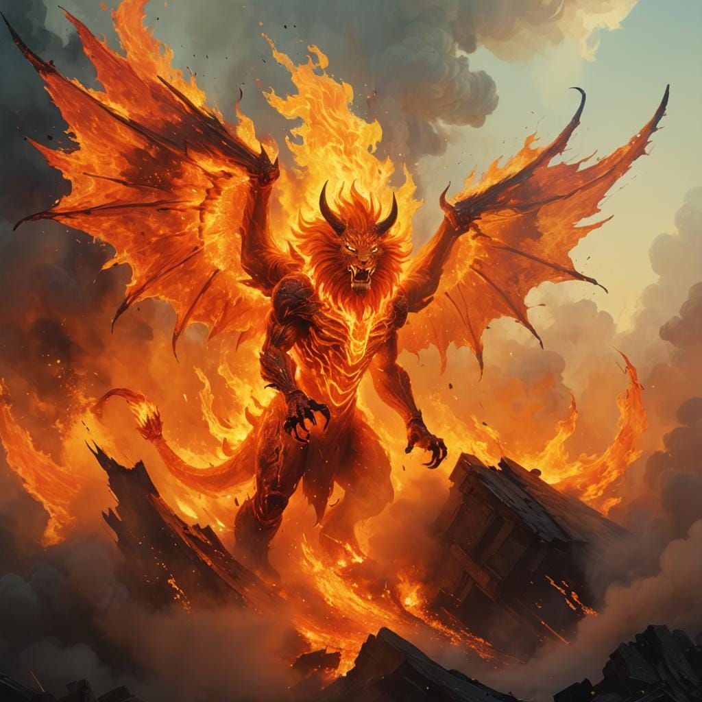 Fiery Winged Demon Emerges from Flames