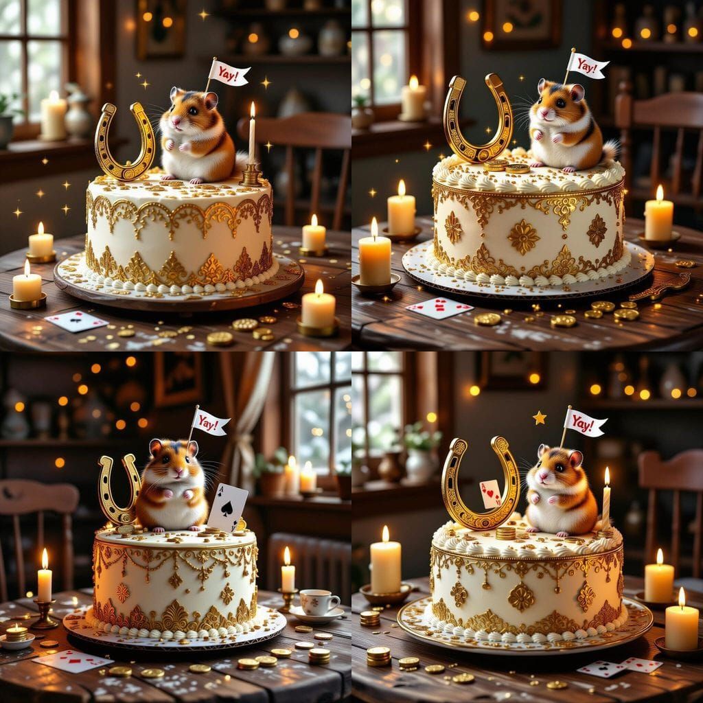 Magical Birthday Cake with Lucky Symbols and Hamster
