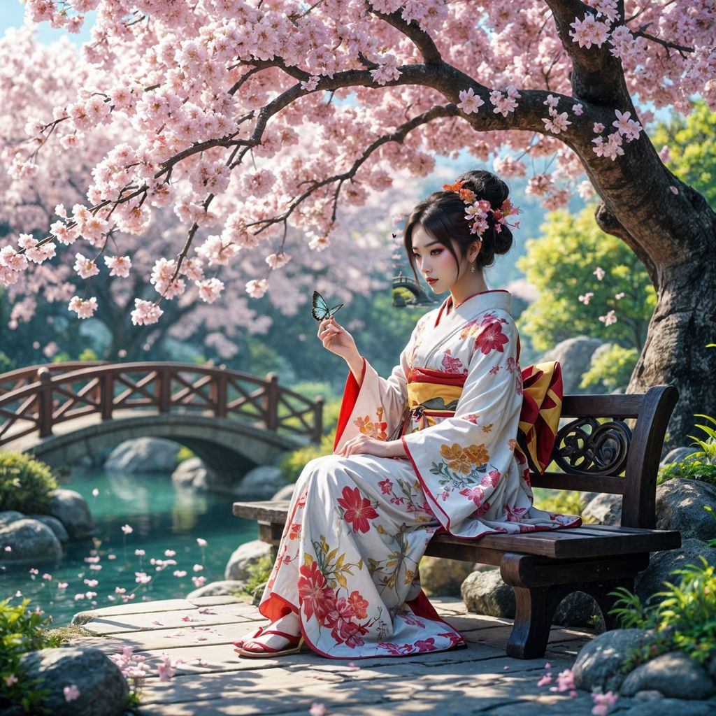 Lively Japanese Garden with Woman and Cherry Blossoms