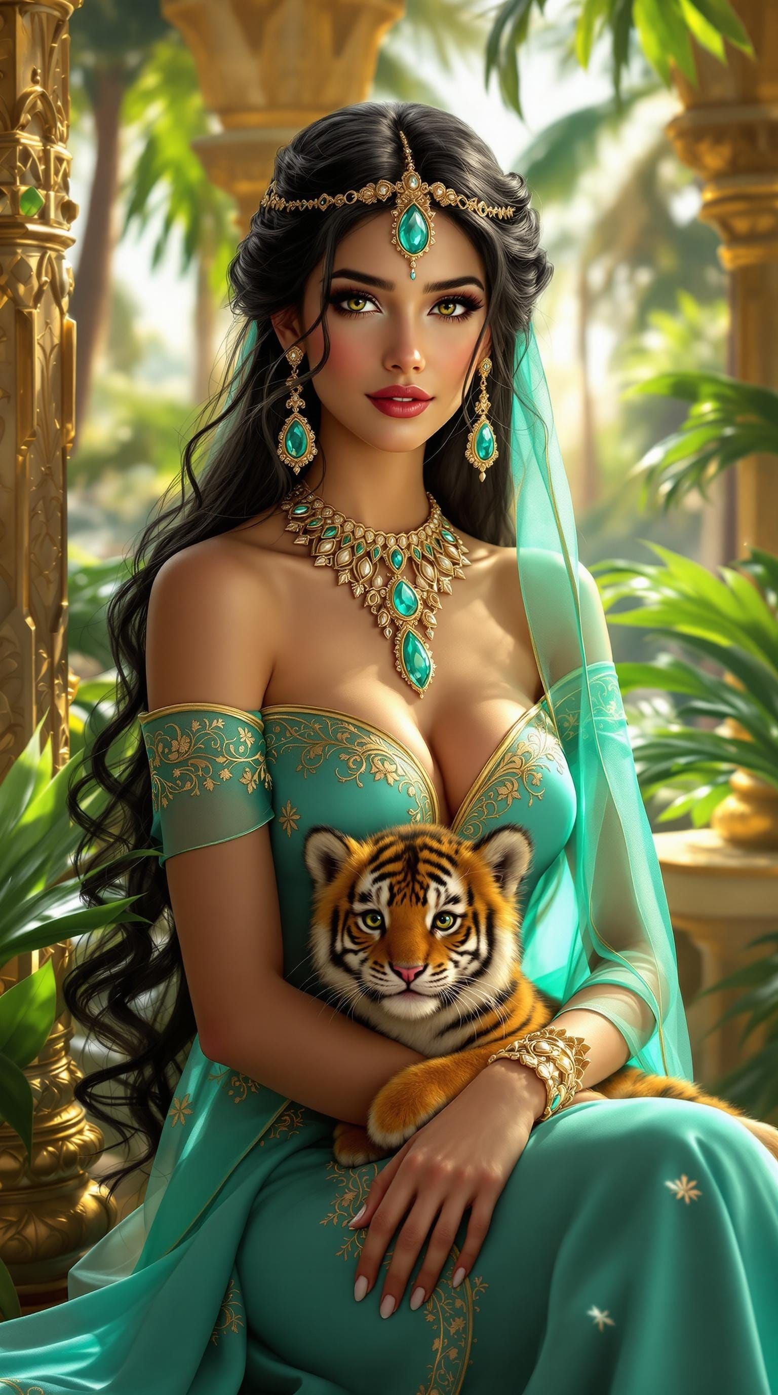 Exotic Princess in Opulent Palace Garden