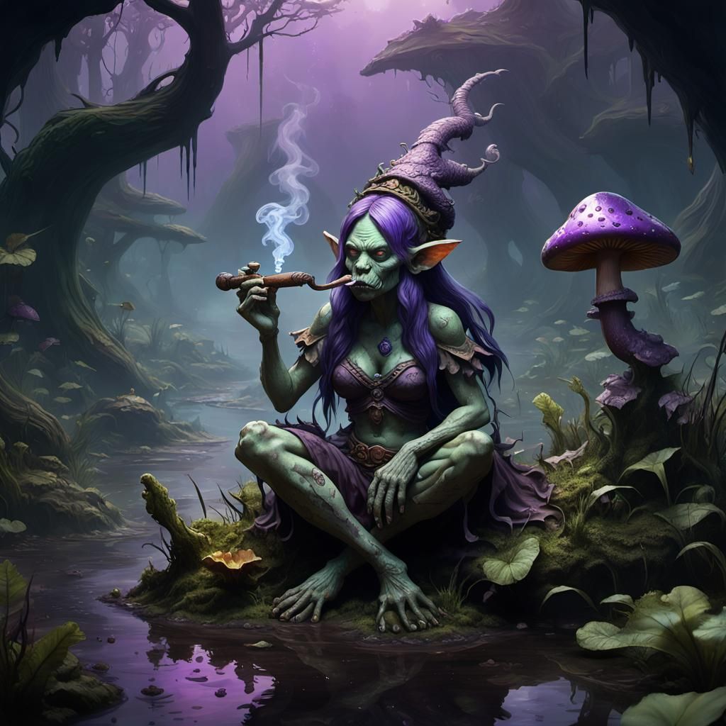 The swamp siren, covered in mud and muk, smoking a pipe, holding a poisonous mushroom