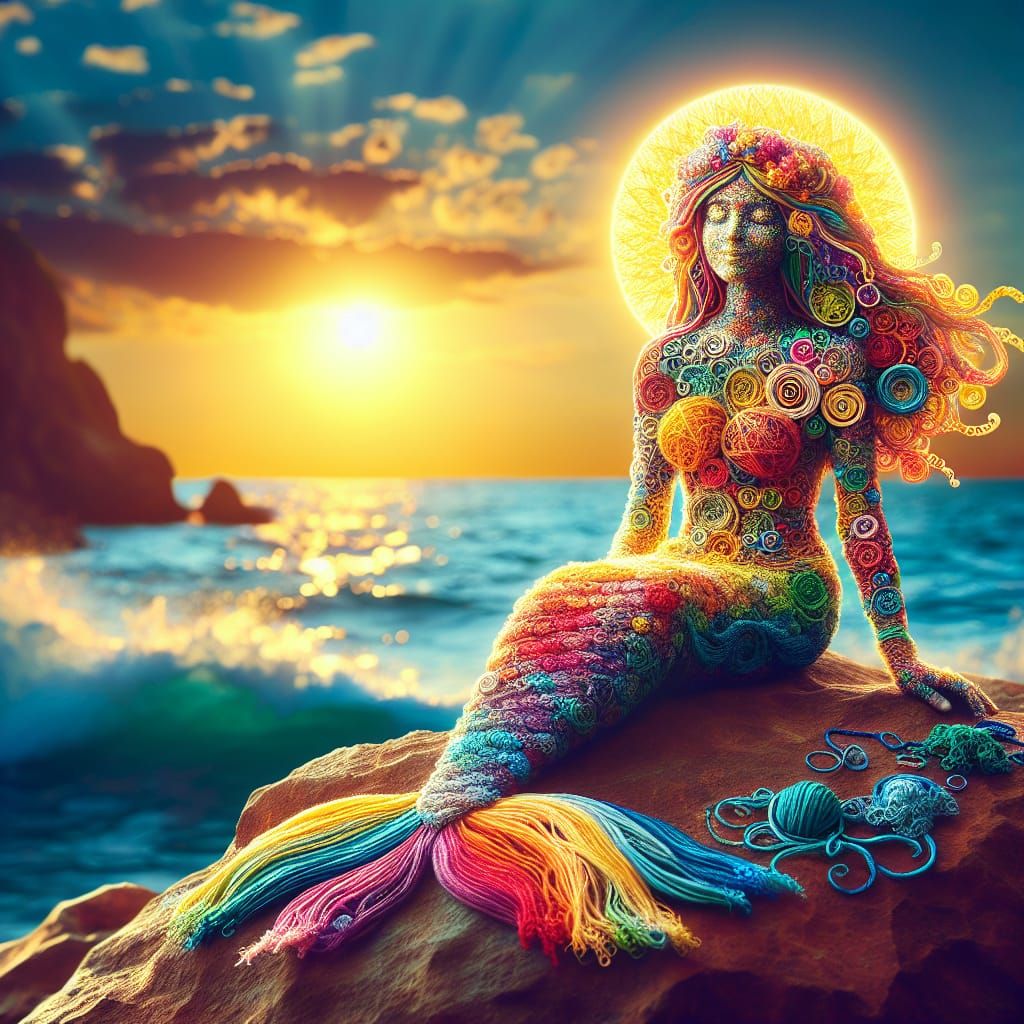Colorful Thread Mermaid on Ocean Rock