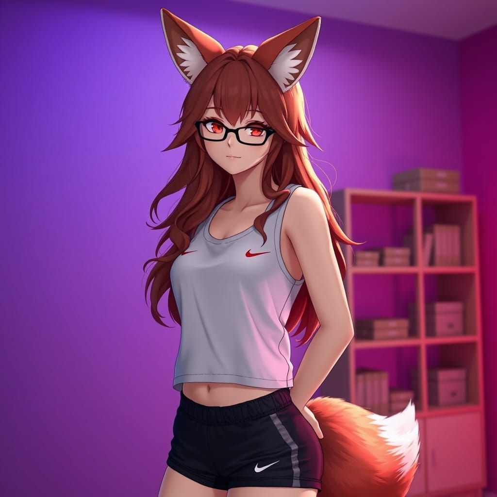 Fox Hybrid Girl Poses Confidently in Moody Room