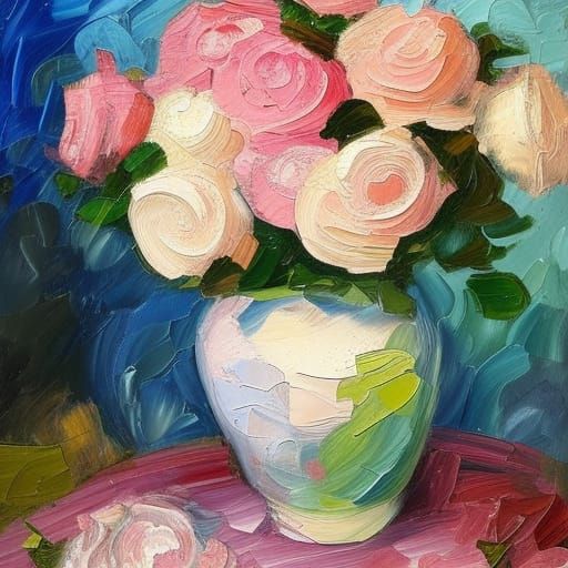 A huge bouquet of pink and white roses in a blue vase on a table. neo-impressionism expressionist style oil painting, sm...