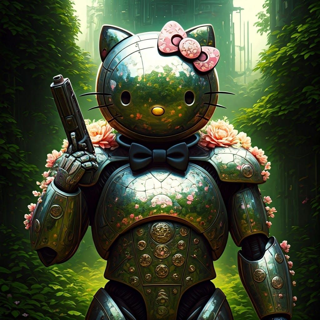 Futuristic Hello-Kitty Robot Soldier in Ornate Mirrors
