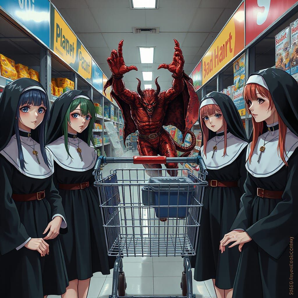 Anime Goth Nuns Witness Devil Shopping, Hyperrealistic Style