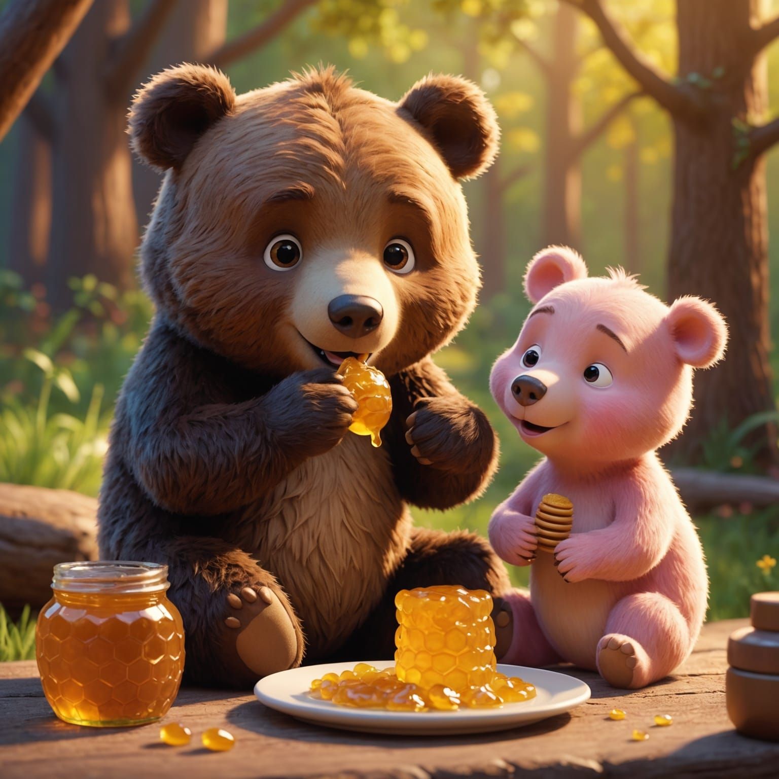 Cute Bear and Piglet Enjoying Honey: 3D Digital Art