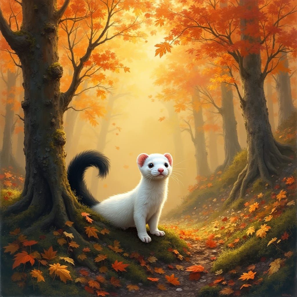 Surreal Autumn Forest Scene with a White Ferret