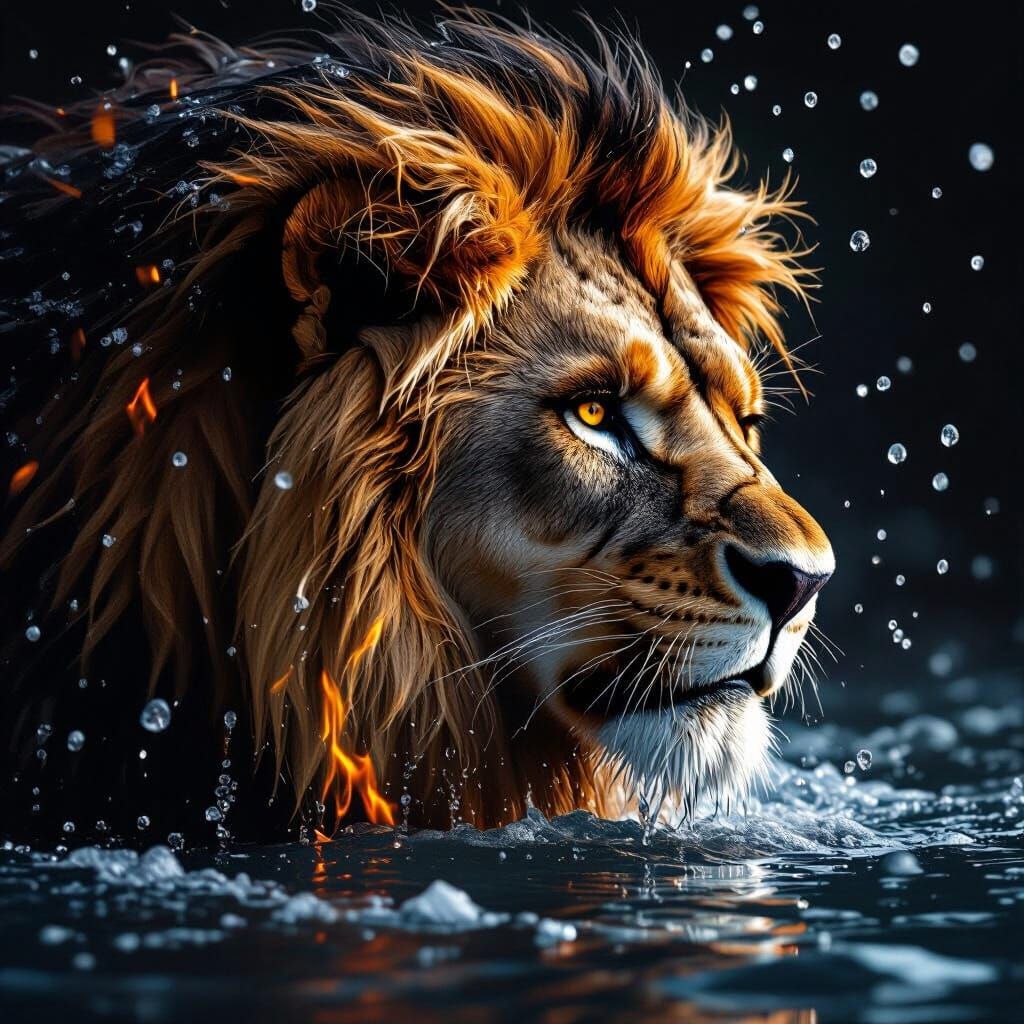 Lion's Angry Profile in Water: Dark Realism Portrait