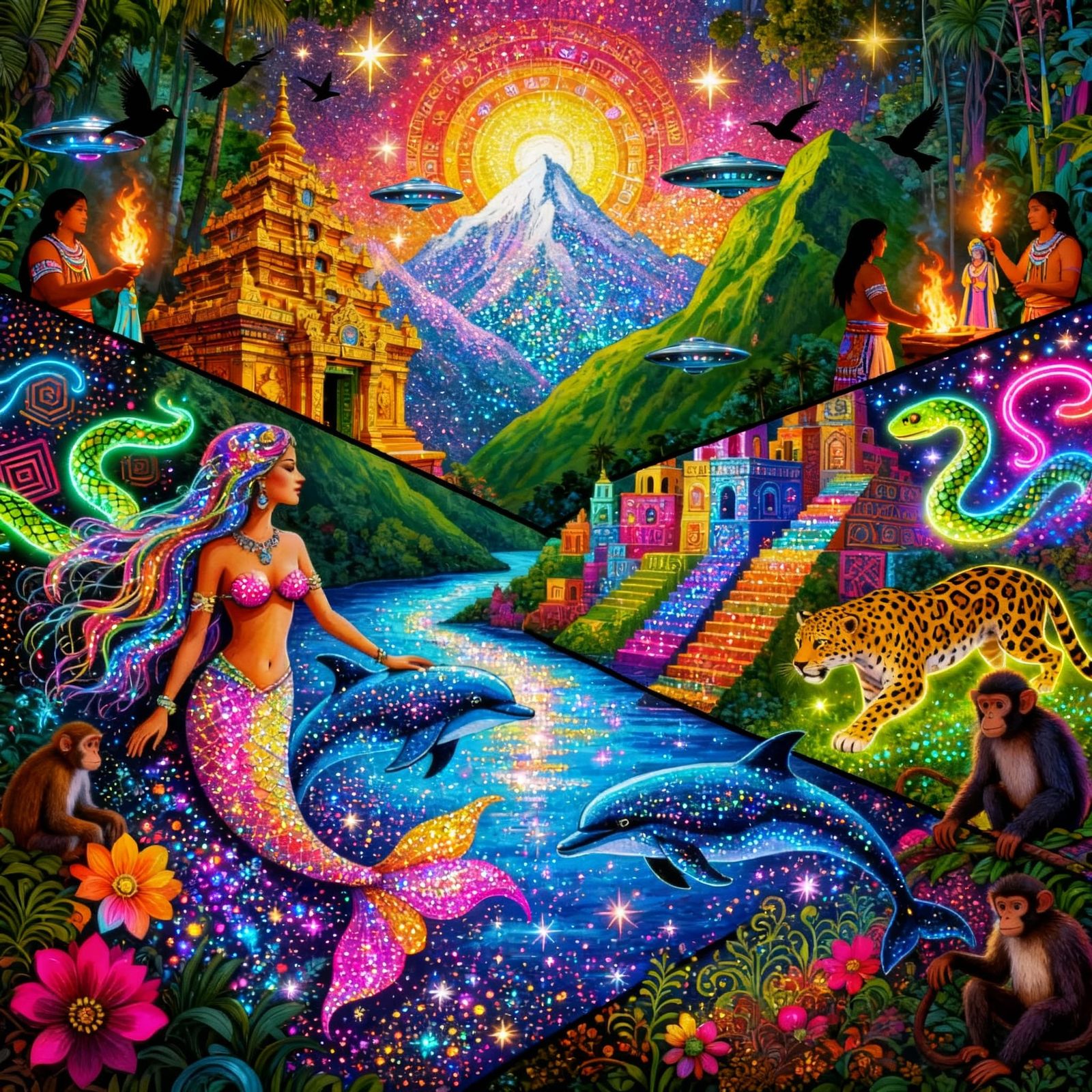 Psychedelic Peruvian Mountain Landscape with Spirit Animals