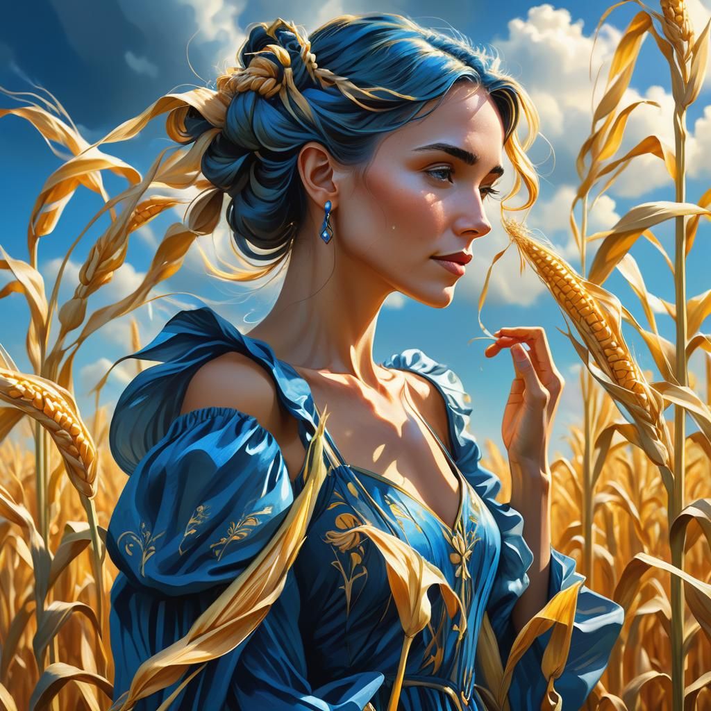 Woman Touches Corn in Art Nouveau Field