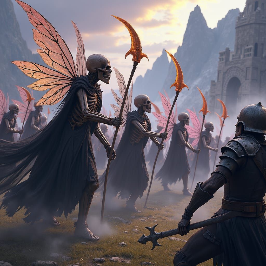 Fairy Skeletons Clash with Vikings in Art Nouveau Style