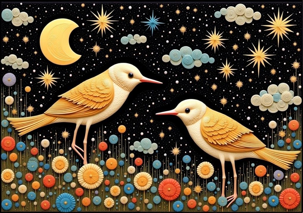 Dreamlike Mosaic Bird Flight in Digital Textile Art