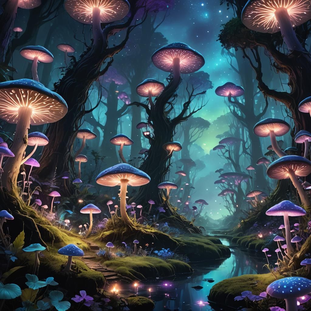 Mystical Bioluminescent Forest in Ethereal Night