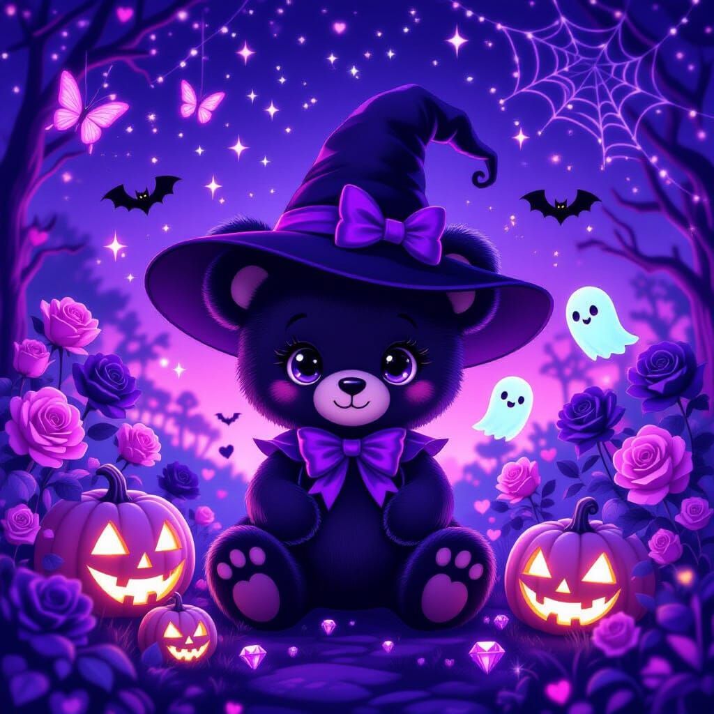 Kawaii Black Teddy Bear Witch in Magical Halloween Garden