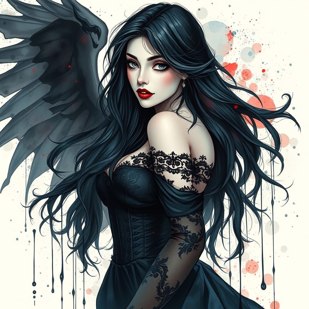 Gothic Goddess in Ink and Watercolour