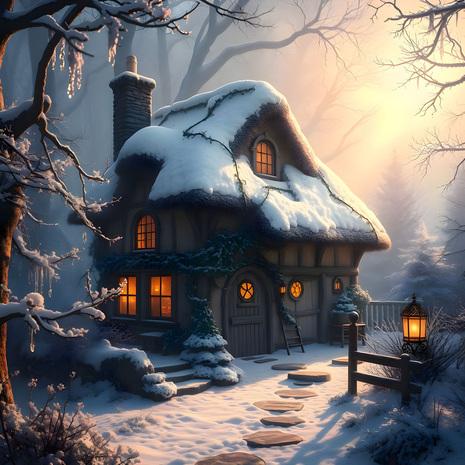 Whimsical English Forest Cottage in Winter Wonderland