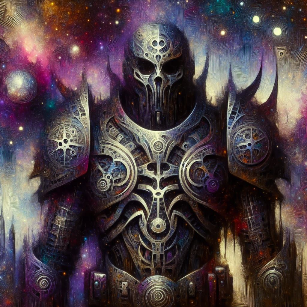Ethereal Dark Fantasy Alien Warrior in Cosmic Macabre Armor