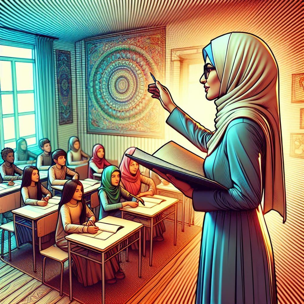 Middle-Eastern Teacher in Modern Classroom, 3D Digital Art