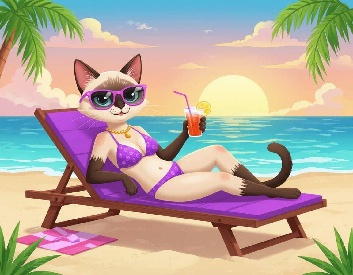 Siamese Cat on Beach in 2D Cartoon Art Style