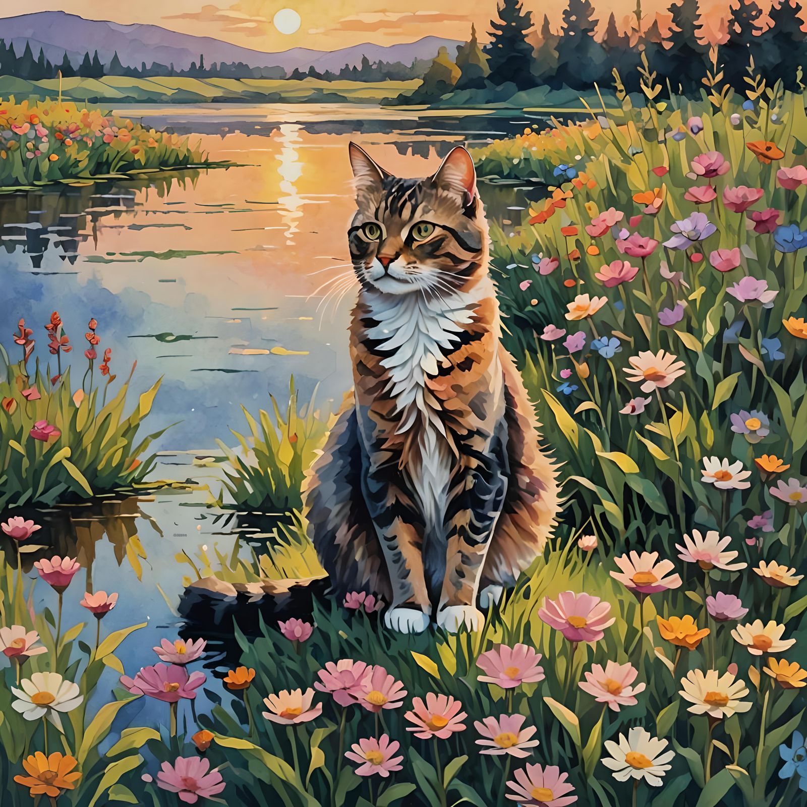 Cat at Sunset in Impressionist Gouache Style
