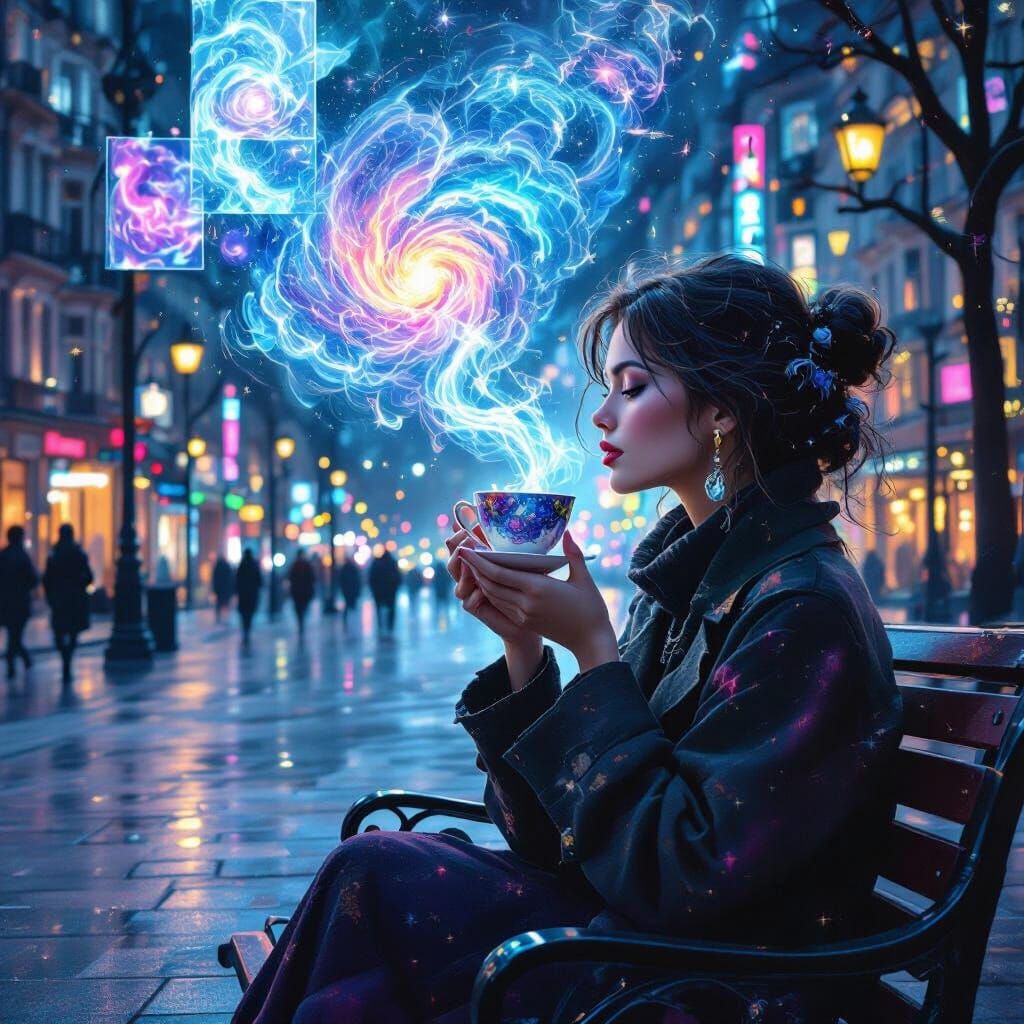 Woman Sips Nebula Tea in Magical City Square