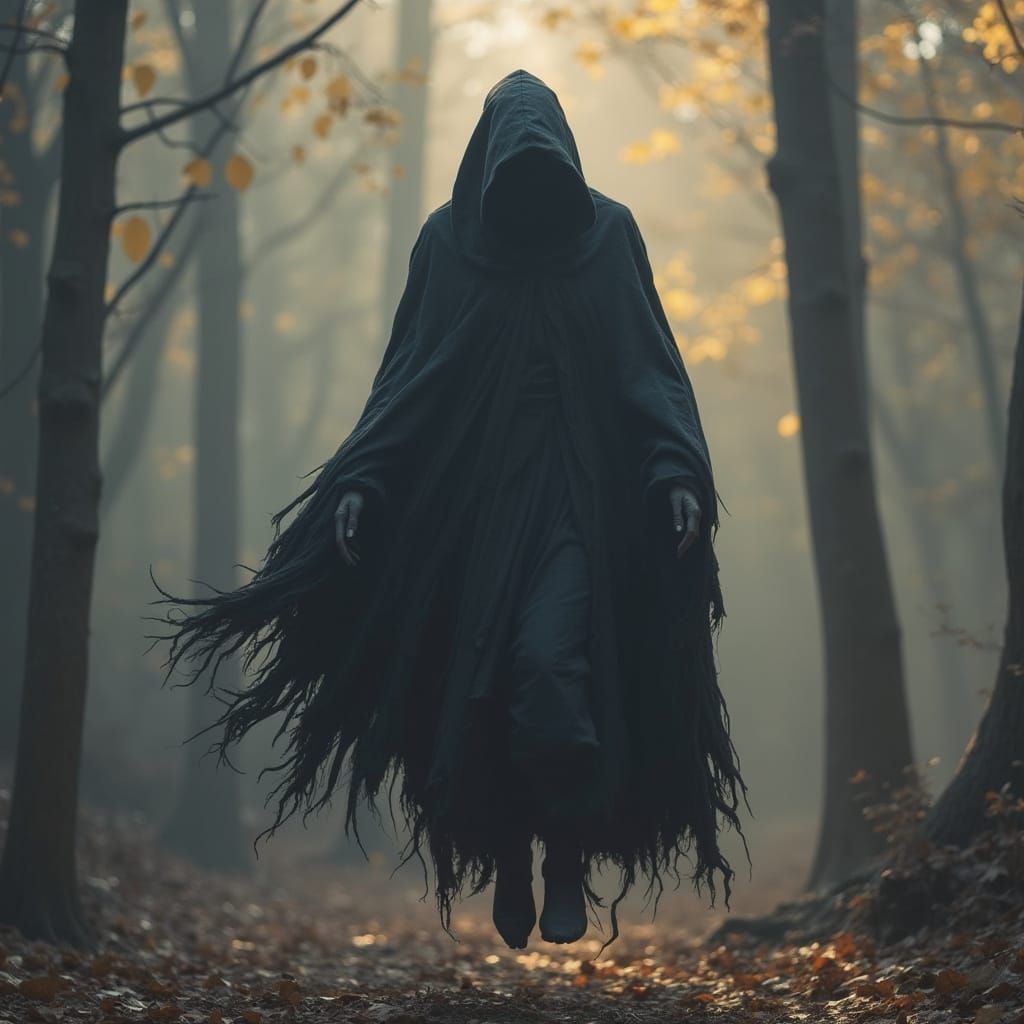 Menacing Spectral Entity in Forest with Sunrays