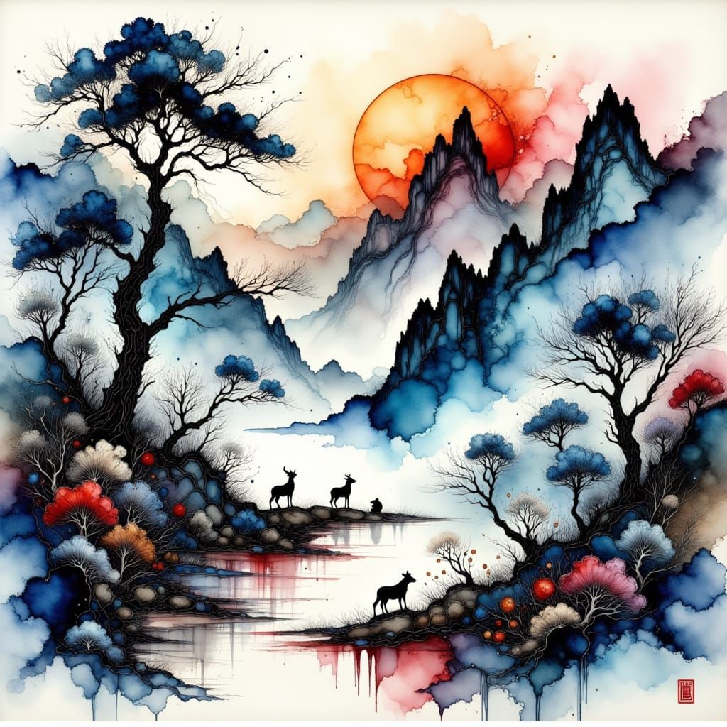 Dramatic Ink Landscape with Trees, Mountains, and Animals
