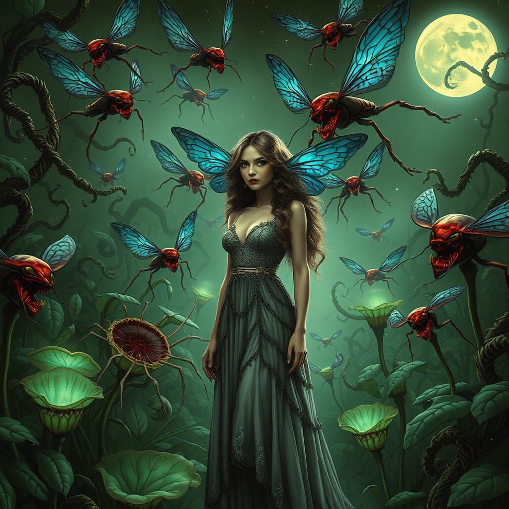Eerie Garden Fairy with Bioluminescent Insects