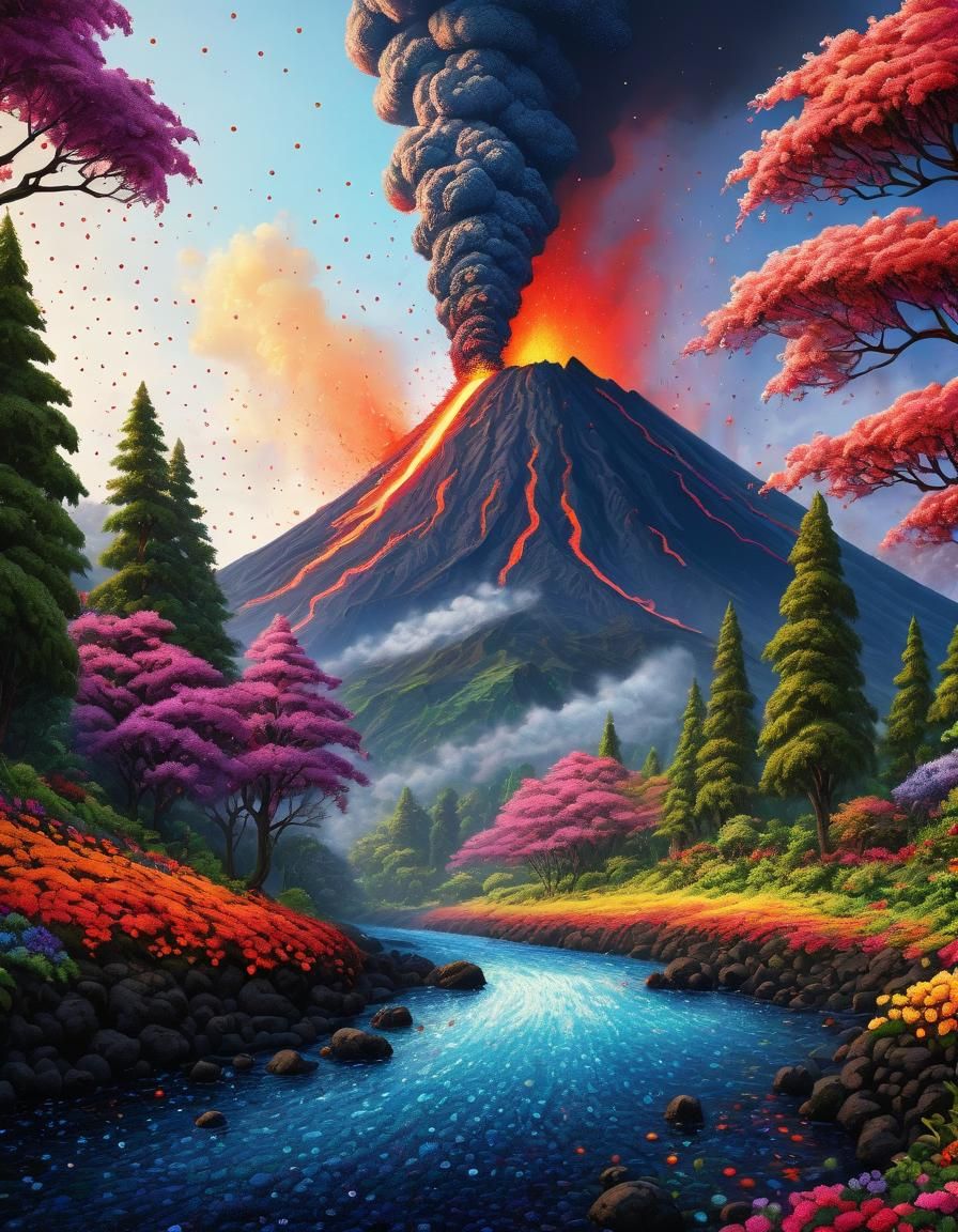 Pointillist Volcano Eruption with Colorful Dots