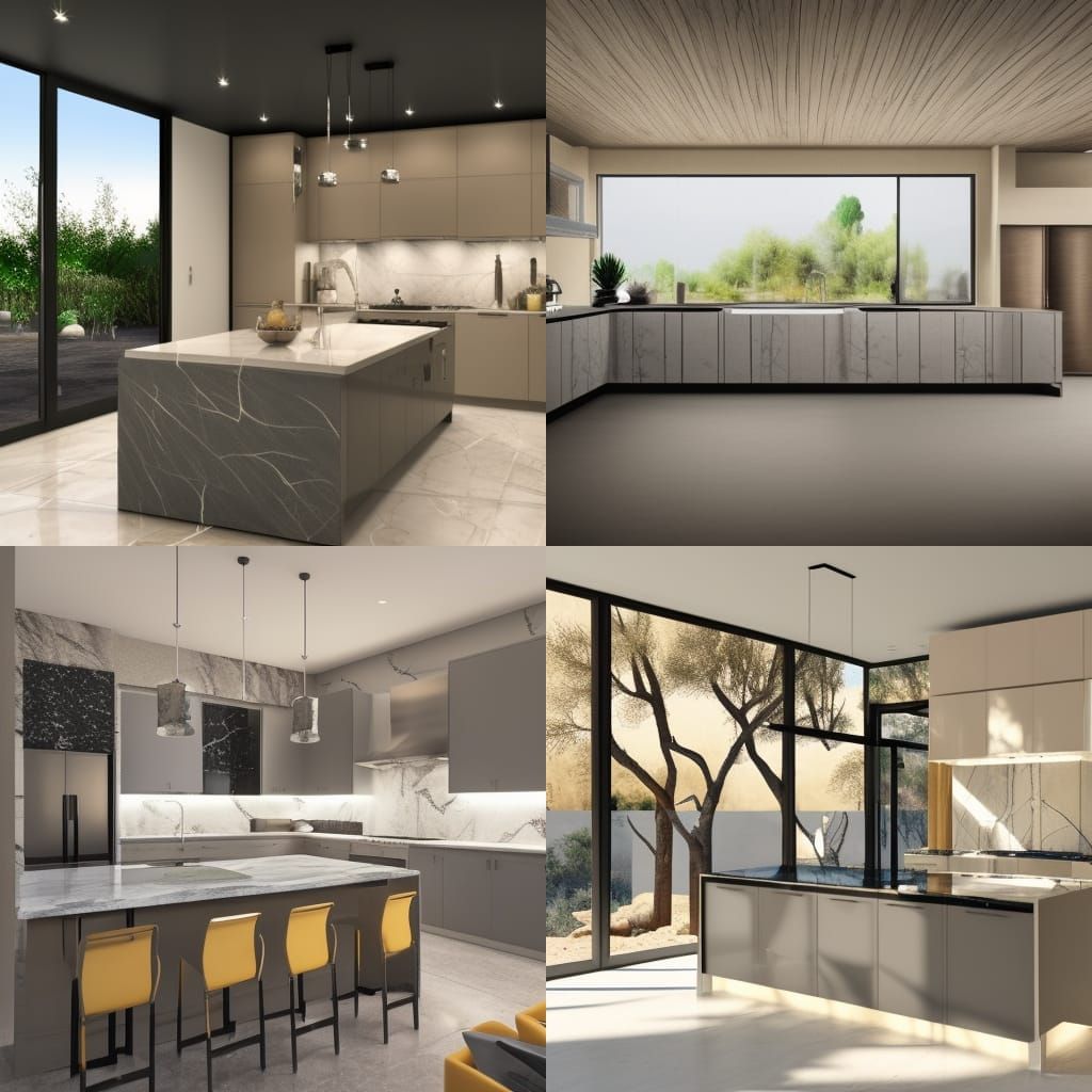 Bright Modern Kitchen with Desert View, Photorealistic Art