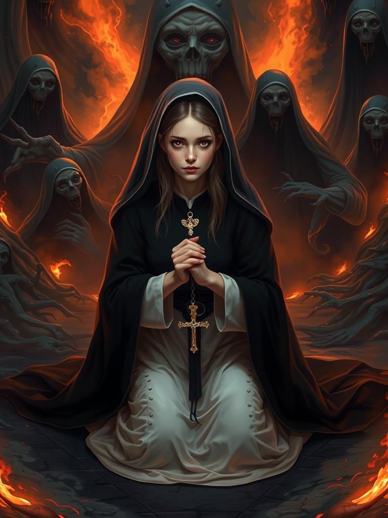 Nun Praying in Gehenna, Eerie Hyperrealistic Scene