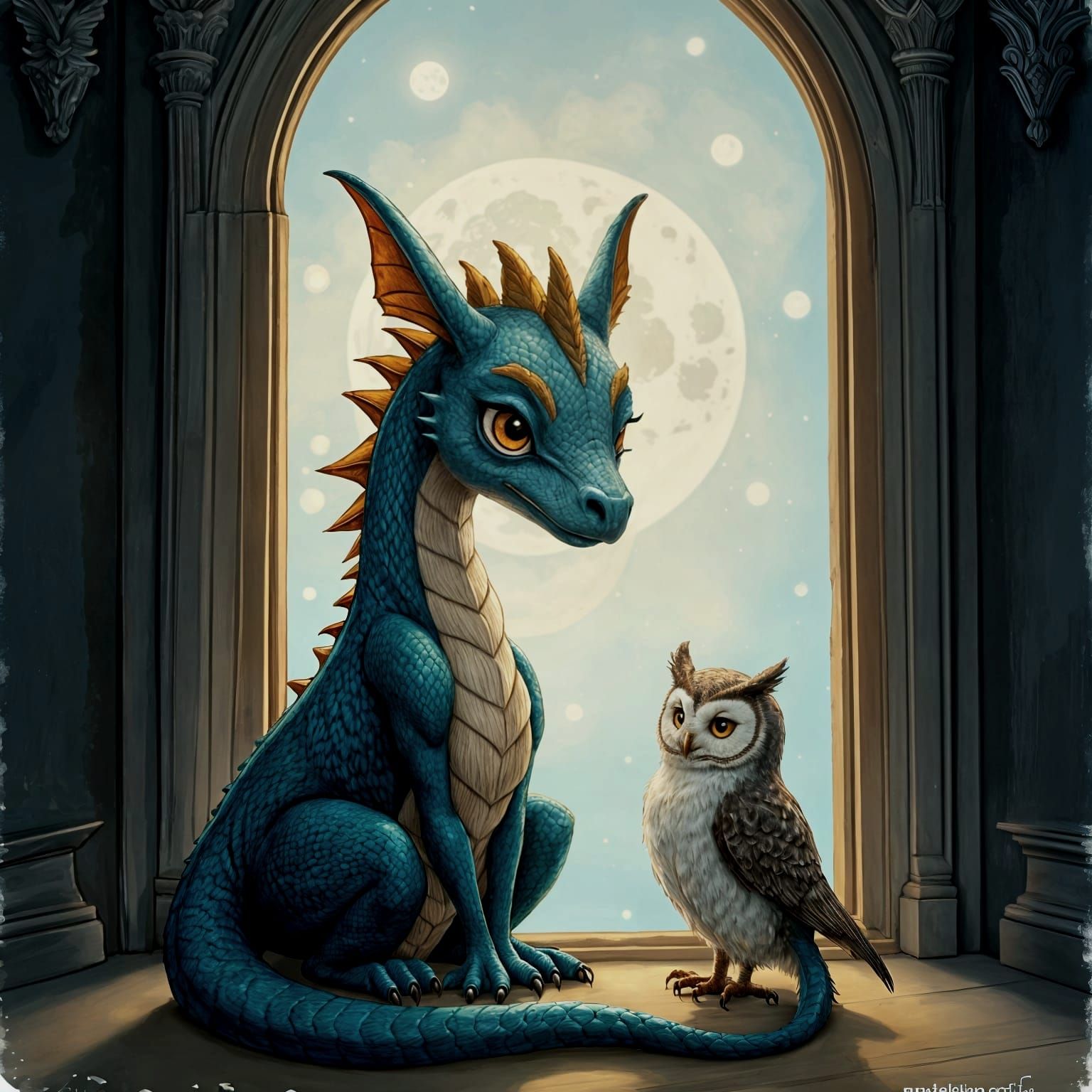 Dragon and Owl at Window in Moonlight