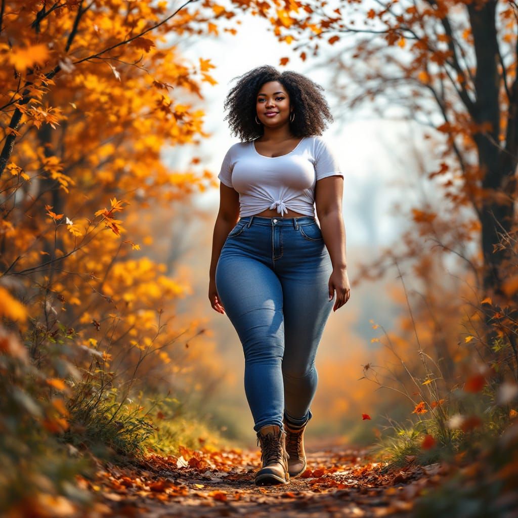 Curvy Woman in Fall Landscape, Hyperrealistic Matte Painting