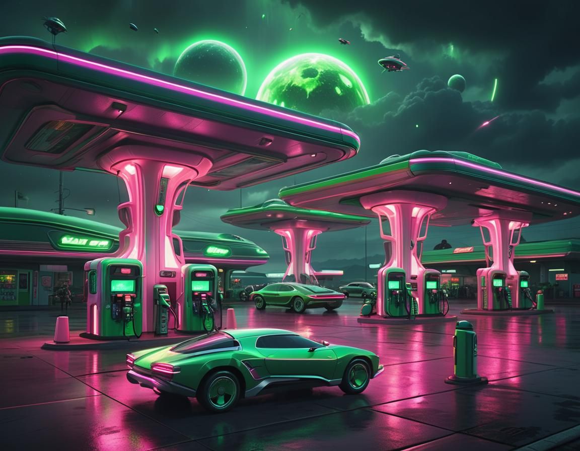 Intergalactic Alien Gas Station with Flying Cars