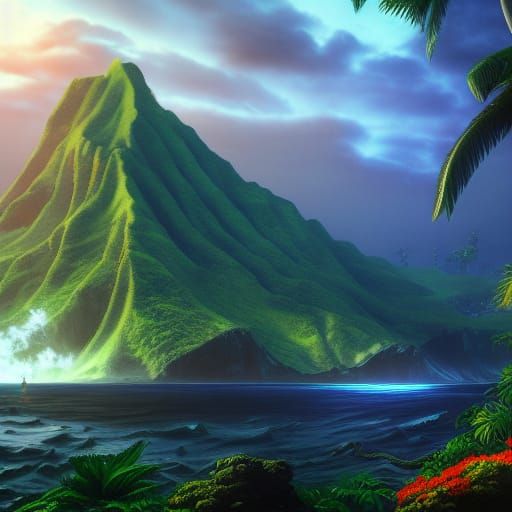 Detailed Matte Painting of Hawaii in Deep Color