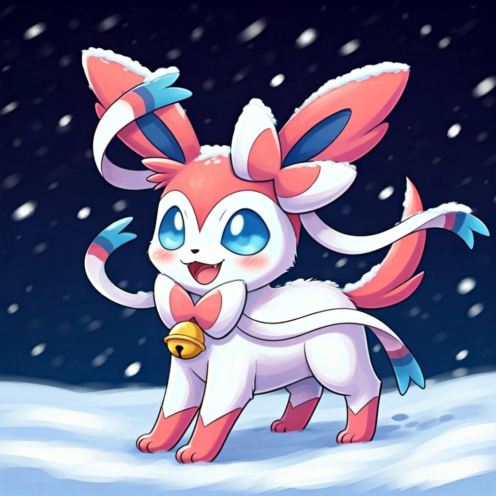 Adorable Chibi Sylveon Walking in Snowy Night Sky