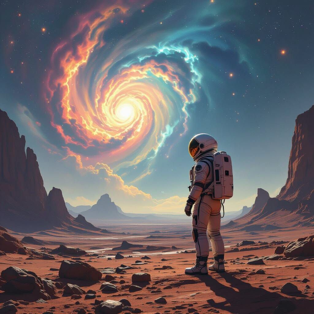 Astronaut on Alien Planet Gazing at Nebula