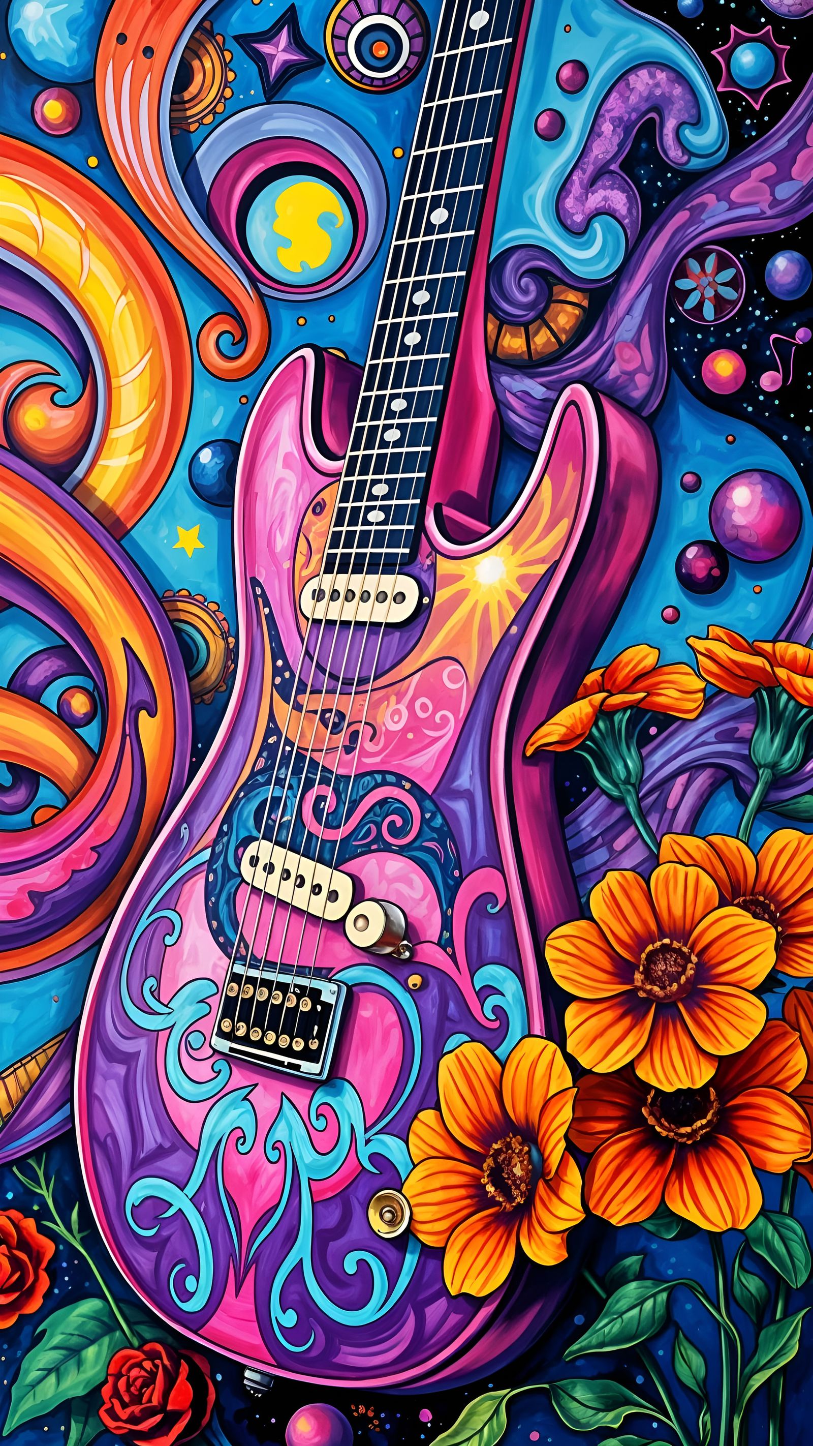 Vibrant Psychedelic Masterpiece of Electric Guitar and Bloom...