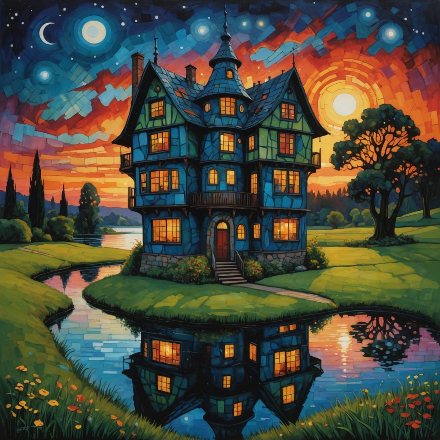 Hundertwasser House at Sunset: Digital Botanical Art