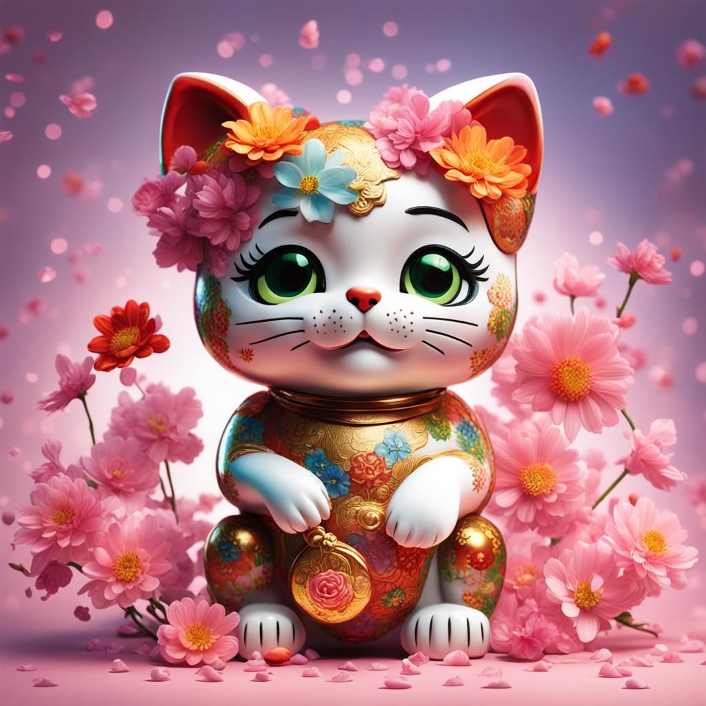 Hyperrealistic Maneki Neko Betty Boop with Flowers