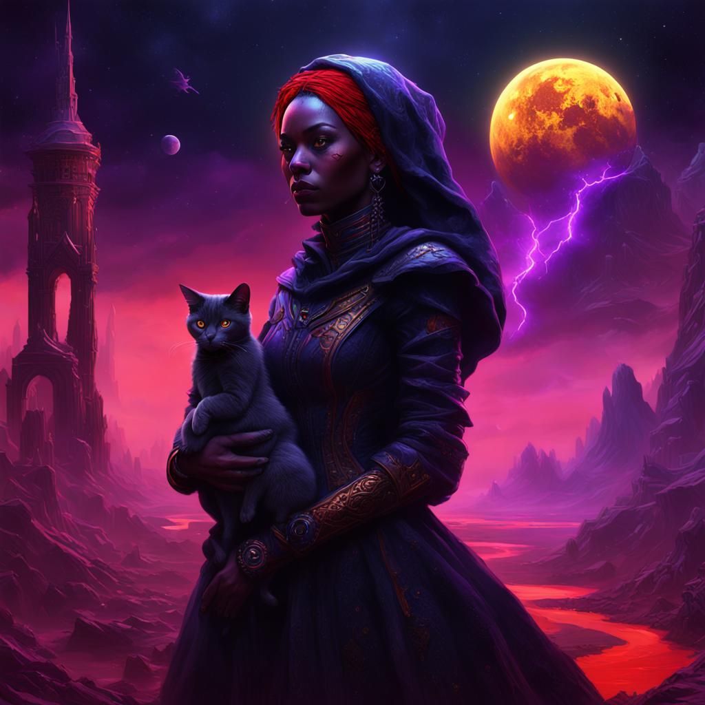 Gothic Woman and Red Cat in Dark Fantasy Style