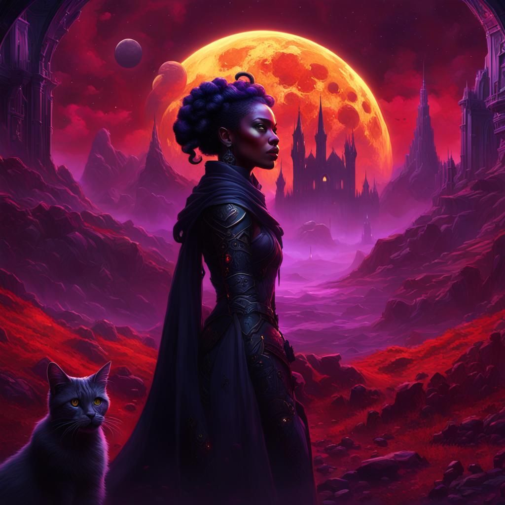 Gothic Woman with Red Cat on Dark Planet