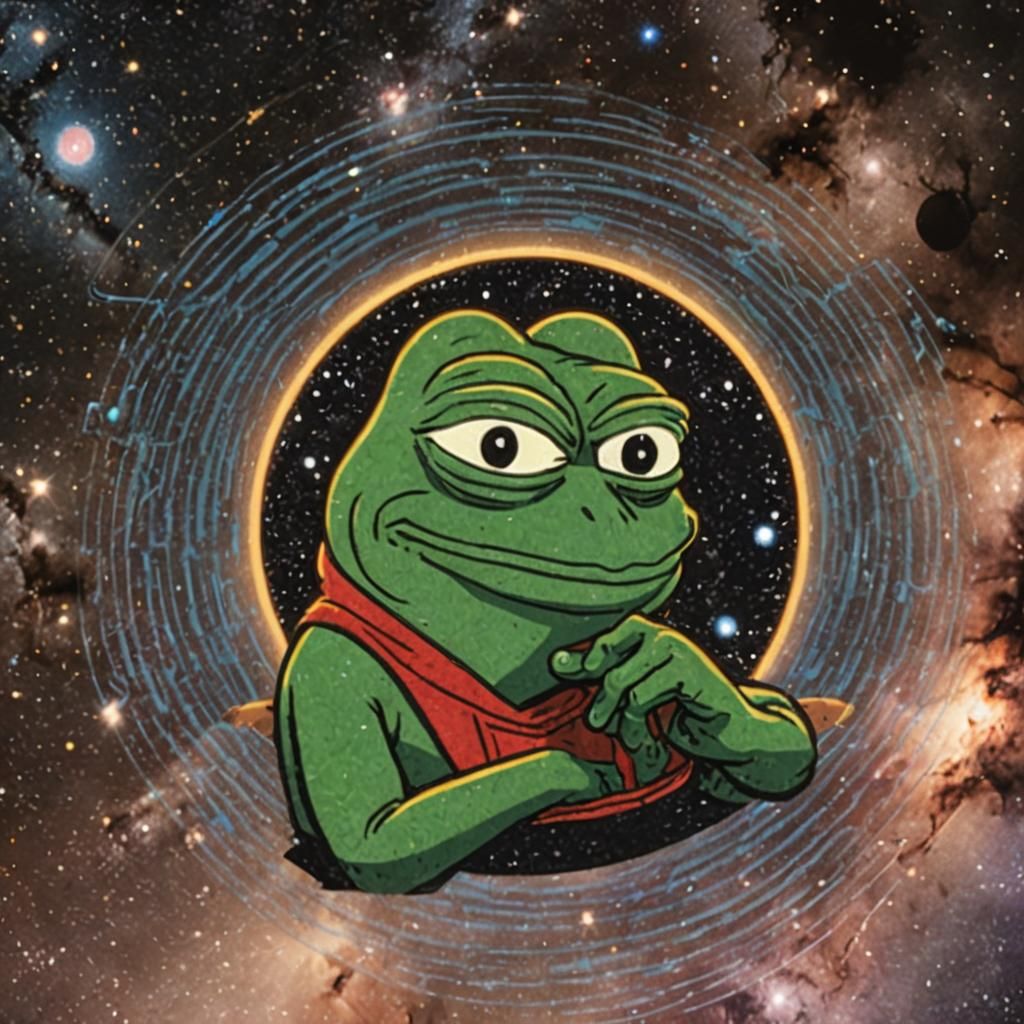 Pepe the frog in front of a Solana Logo in space