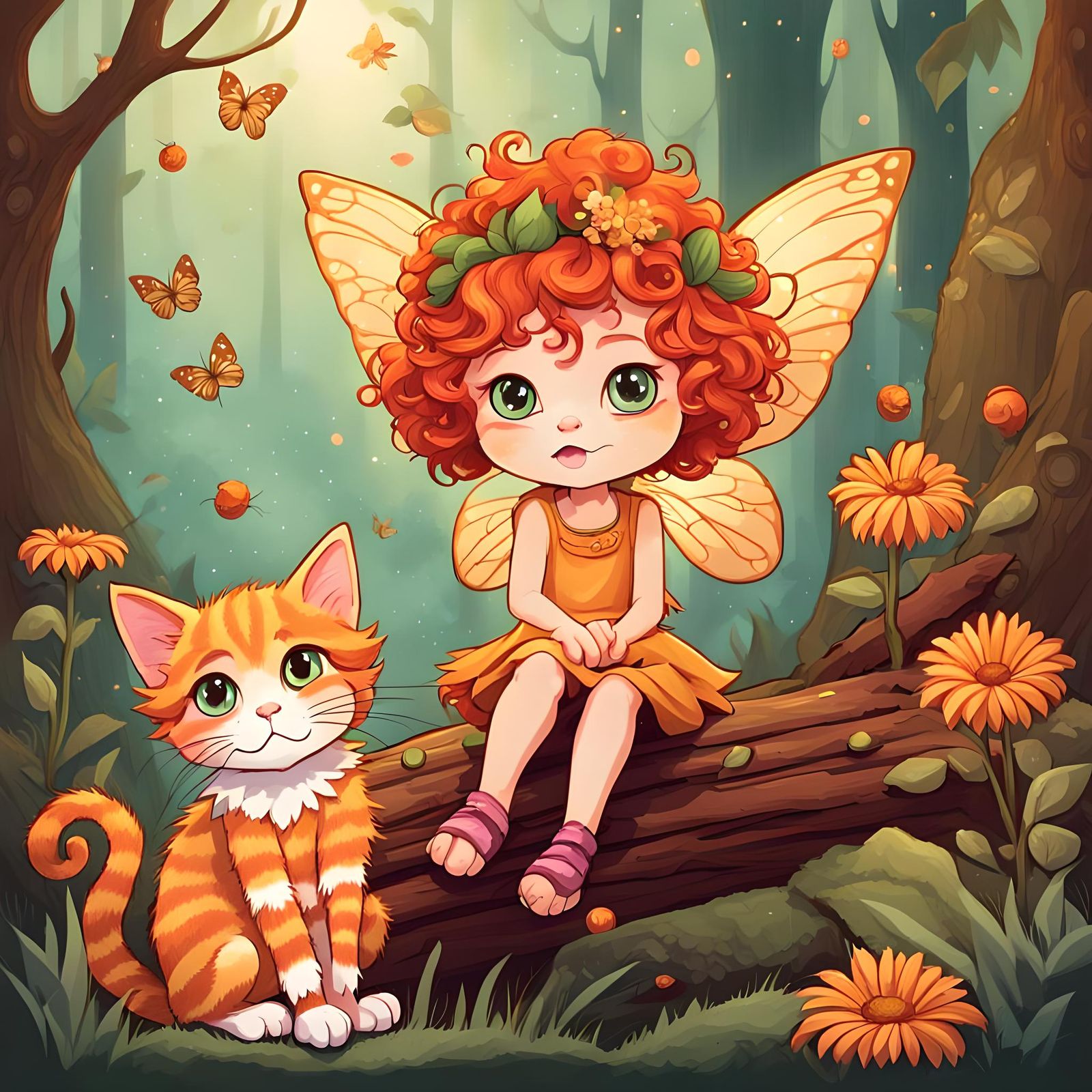 Pouty Flower Fairy and Kitten in Forest