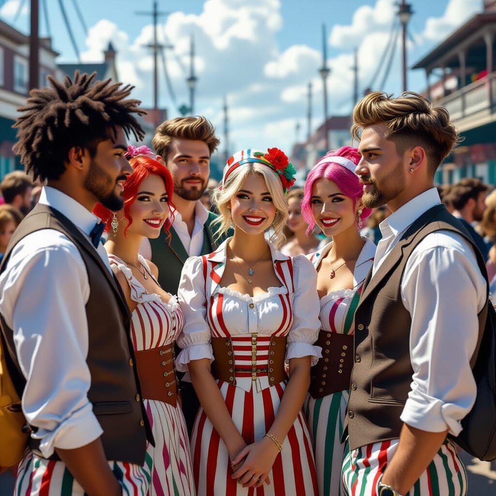 Vibrant Friends Gather at 1800s Harbour: Digital Art