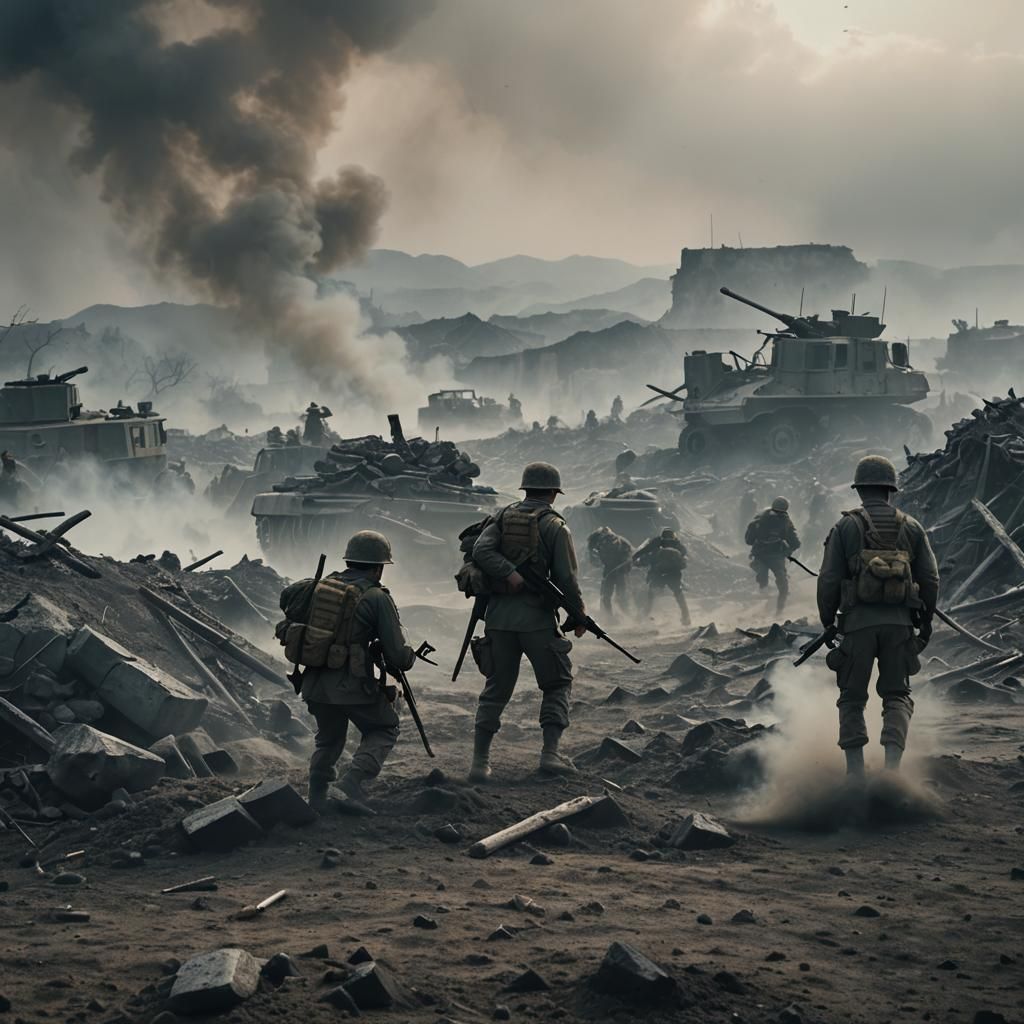Intense War Scene with Soldiers in Gritty Landscape