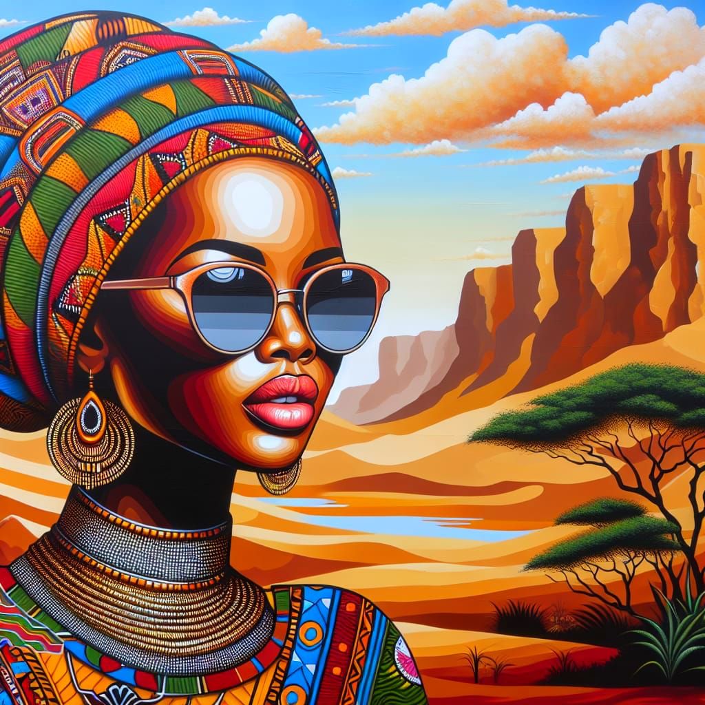 Traditional African Art Featuring Exotic Desert Scene